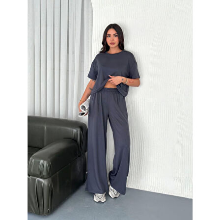 Lucky Life Lucky Life Kadın Modal Yumuşak Dokulu Kumaş Bisiklet Yaka T-shirt Bol Paça Pantalon Ikili Takım -Antrasit