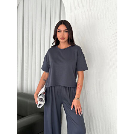 Lucky Life Lucky Life Kadın Modal Yumuşak Dokulu Kumaş Bisiklet Yaka T-shirt Bol Paça Pantalon Ikili Takım -Antrasit