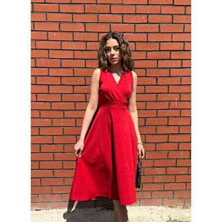 Lucky Life Kadın Ithal Krep Kumaş Kruvaze Yaka Eteği Kloş Kolsuz Mini Elbise
