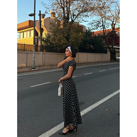 Lucky Life Kadın Kısa Kollu Bisiklet Yaka Puantiyeli Maksi örme Krep Elbise