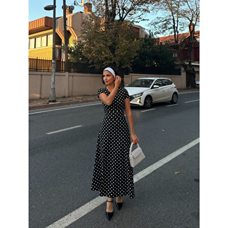 Lucky Life Kadın Kısa Kollu Bisiklet Yaka Puantiyeli Maksi örme Krep Elbise
