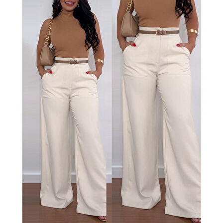 Lucky Life Kadın Yüksek Bel Geniş Paça Detaylı Cepli Ithal Krep Pantolon