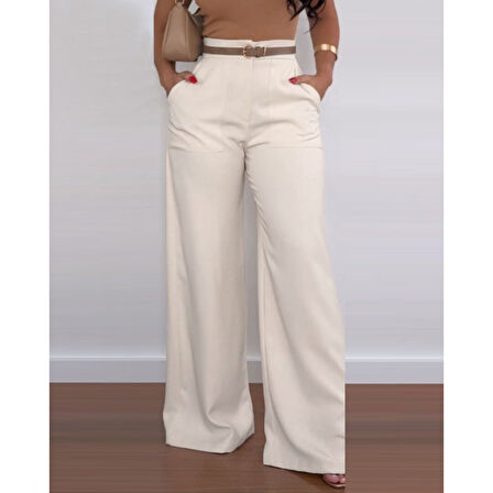 Lucky Life Kadın Yüksek Bel Geniş Paça Detaylı Cepli Ithal Krep Pantolon