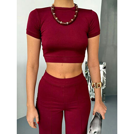 Osy Modal Yumuşak Dokulu Kumaş Kısa Kollu Lucky Life Kadın Crop Alt Ispanyol Paça Pantalon Ikili Takım - Bordo