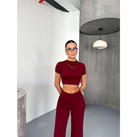 Osy Modal Yumuşak Dokulu Kumaş Kısa Kollu Lucky Life Kadın Crop Alt Ispanyol Paça Pantalon Ikili Takım - Bordo