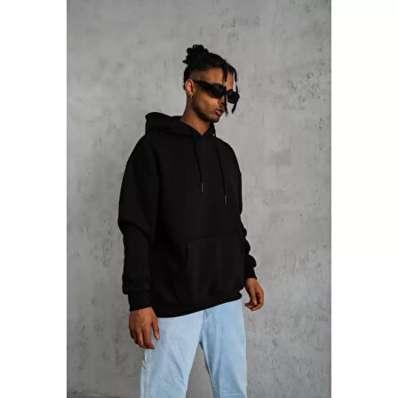 Erkek Düz Kapüşonlu Sweat - Siyah