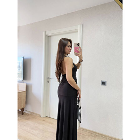 Lucky Life Kadın Sırt Dekolteli Uzun Kollu Elbise - Siyah