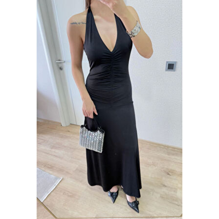 Lucky Life Kadın Sırt Dekolteli Uzun Kollu Elbise - Siyah