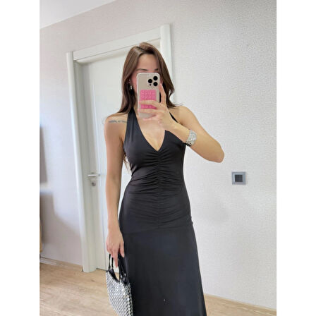 Lucky Life Kadın Sırt Dekolteli Uzun Kollu Elbise - Siyah