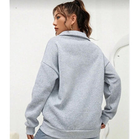 Unisex Uzun Kol Yarım Farmuarlı Yakalı Basic SweatShirt - Gri