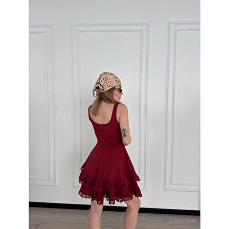 Lucky Life Kadın Mini Askılı Elbise - Bordo