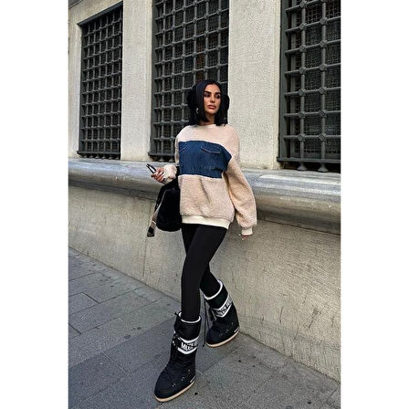 Göğsü Denim Garnili Sweatshirt 