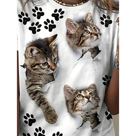 Lucky Life Kadın Kısa Kollu Kedi Ve Pati Baskılı Süprem T-shirt
