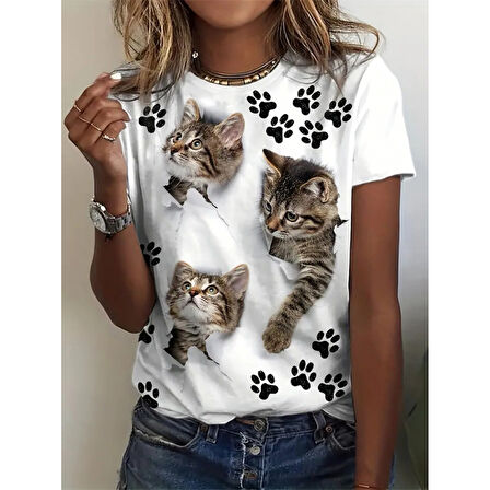 Lucky Life Kadın Kısa Kollu Kedi Ve Pati Baskılı Süprem T-shirt