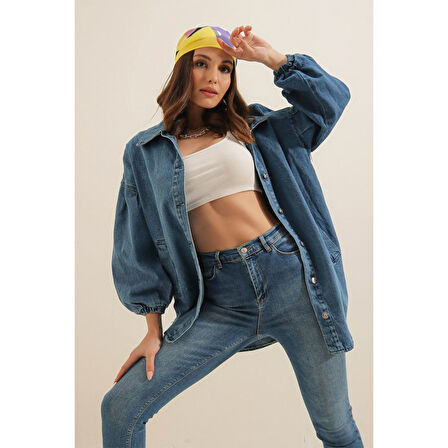 Lucky Life Kadın  Denim Balon Kollu Kot Ceket - Mavi