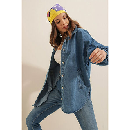 Lucky Life Kadın  Denim Balon Kollu Kot Ceket - Mavi