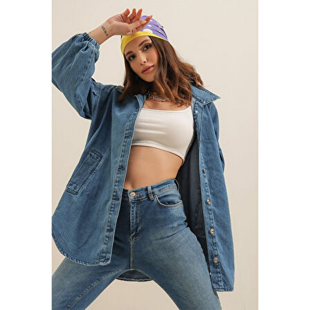 Lucky Life Kadın  Denim Balon Kollu Kot Ceket - Mavi