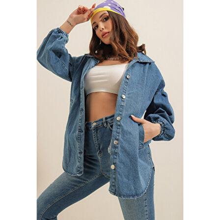Lucky Life Kadın  Denim Balon Kollu Kot Ceket - Mavi