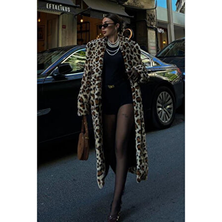 Leopar Desenli Lucky Life Kadın İçi Astarlı Peluş Kaban