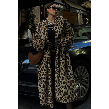 Leopar Desenli Lucky Life Kadın İçi Astarlı Peluş Kaban