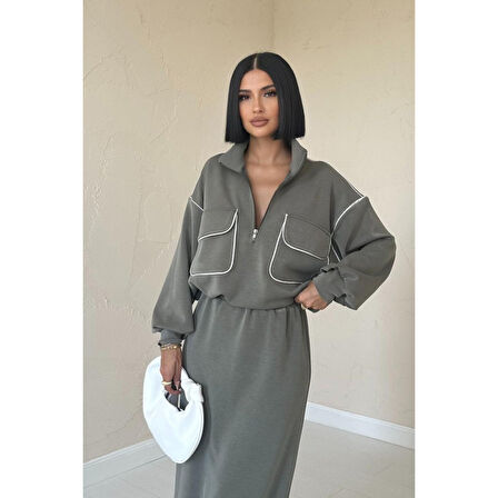 Lucky Life Kadın Haki Biyeli Sweatshirt Ve Etek Takım