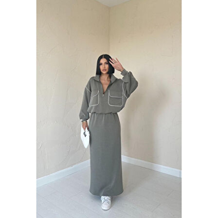 Lucky Life Kadın Haki Biyeli Sweatshirt Ve Etek Takım