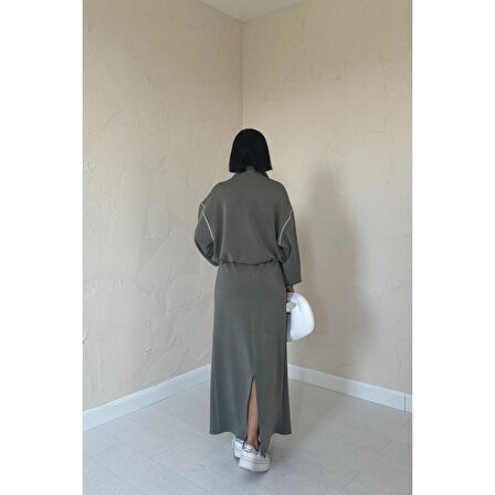 Lucky Life Kadın Haki Biyeli Sweatshirt Ve Etek Takım