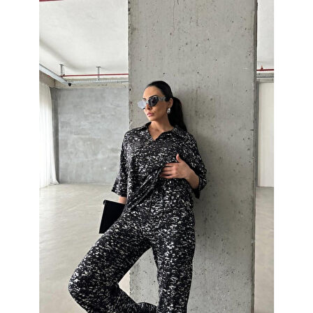 SİYAH ZEMİN VARAKLI BLUZ PANTOLON TAKIM - Gümüş