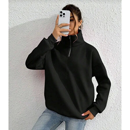 Unisex Uzun Kol Yarım Farmuarlı Yakalı Basic SweatShirt - Siyah