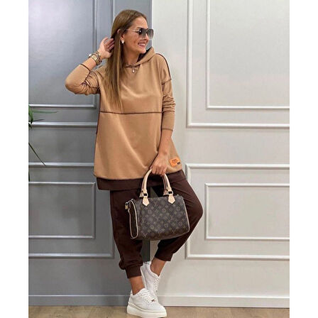 Lucky Life Kadın Kahve Kapşonlu Etek Ucu Detay Arma Ikili Takım