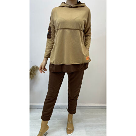 Lucky Life Kadın Kahve Kapşonlu Etek Ucu Detay Arma Ikili Takım