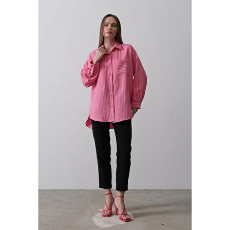 Çizgili Tek Cep Gömlek - Pembe