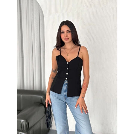 Lucky Life Kadın Dekolte Deraylı Bluz Crop - Siyah