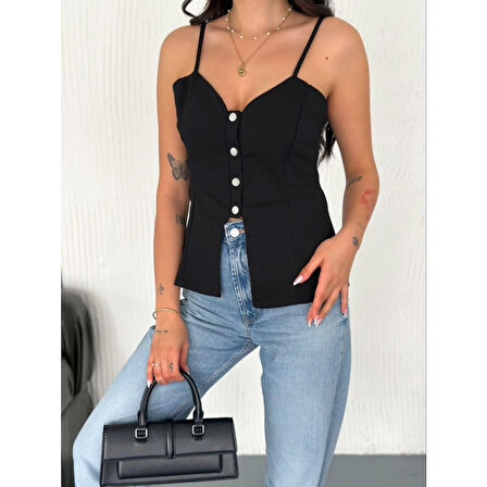 Lucky Life Kadın Dekolte Deraylı Bluz Crop - Siyah