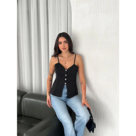 Lucky Life Kadın Dekolte Deraylı Bluz Crop - Siyah