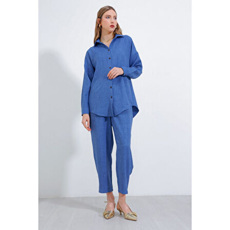 İndigo Oversize Lucky Life Kadın Keten  Alt Üst Takım 6Lucky Life Kadın 2