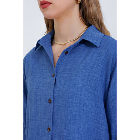 İndigo Oversize Lucky Life Kadın Keten  Alt Üst Takım 6Lucky Life Kadın 2