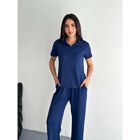 Lucky Life Kadın Yumuşak Dokulu Kumaş Kısa Kollu Lucky Life Kadın Yakalı T-shirt Pantalon Ikili Takım- Lacivert
