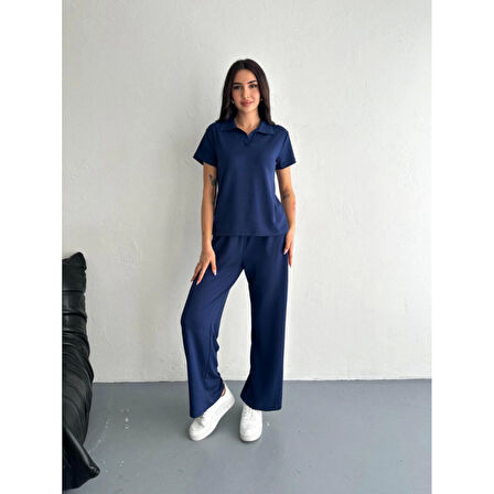 Lucky Life Kadın Yumuşak Dokulu Kumaş Kısa Kollu Lucky Life Kadın Yakalı T-shirt Pantalon Ikili Takım- Lacivert