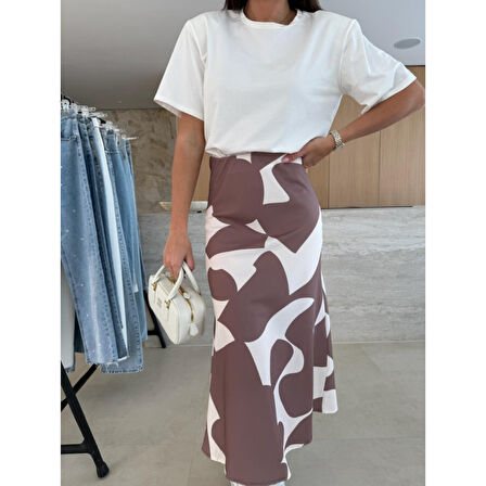 Lucky Life Kadın Kısa Kollu Bisiklet Yaka Viskon Bluz Ve Desenli Süprem Etek Ikili Takım