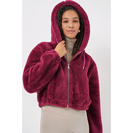 Lucky Life Kadın Kapüşonlu Peluş Crop Ceket - Mürdüm