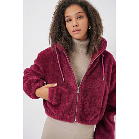 Lucky Life Kadın Kapüşonlu Peluş Crop Ceket - Mürdüm