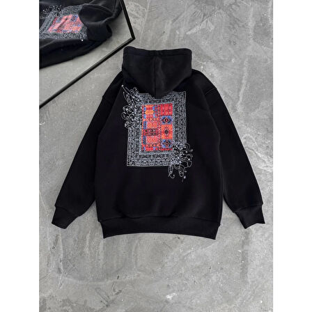 Uzun Kol Kapşonlu Ön Ve Arka Baskılı SweatShirt - Siyah