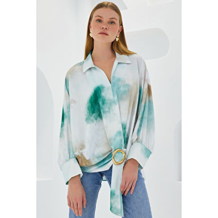 Yeşil Ekru Lucky Life Kadın Oversize Dökümlü Saten Gömlek 907