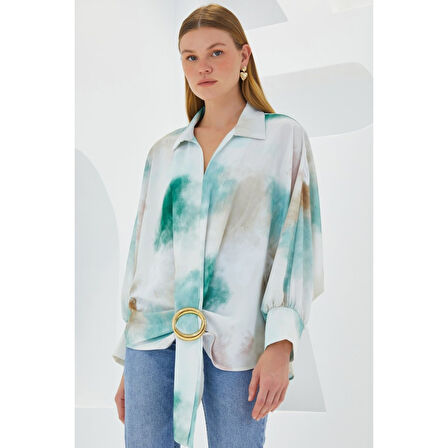 Yeşil Ekru Lucky Life Kadın Oversize Dökümlü Saten Gömlek 907