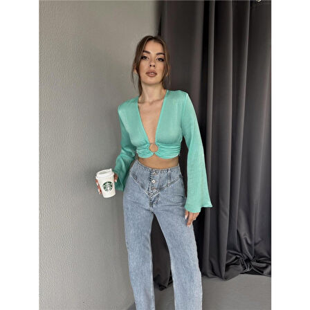 SATEN CROP TOKA DETAYLI BLUZ - Mint