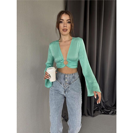 SATEN CROP TOKA DETAYLI BLUZ - Mint