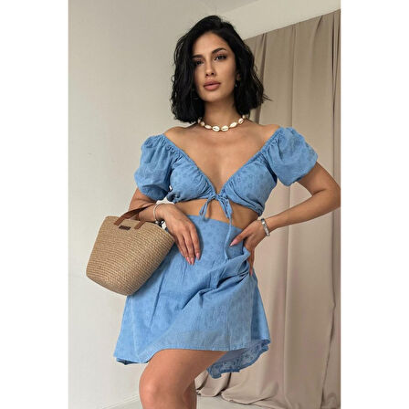 Mavi Brode Crop Ve Mini Etek Takım