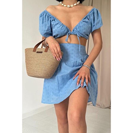Mavi Brode Crop Ve Mini Etek Takım