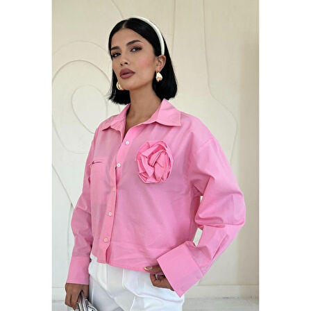 Pembe Fleto Cepli Poplin Gömlek